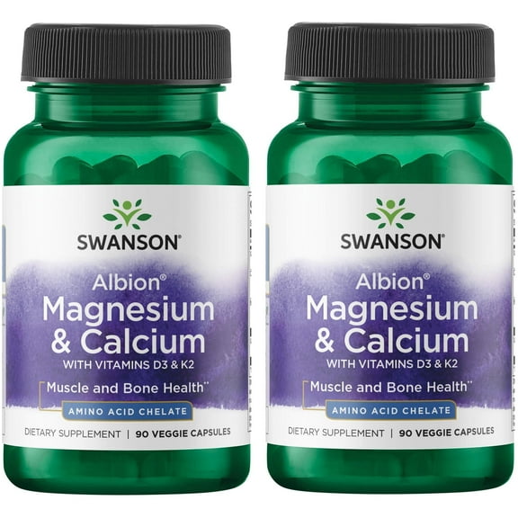 Swanson Albion Chelated Magnesium & Calcium 2:1 90 Veg Capsules (2 Pack)