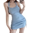 thumbnail image 5 of Robe Dos Nu Sans Manches à Col Halter pour Femmes avec Cordon de Serrage sur le Côté Robe Moulante d'Été Bleu Clair Taille Unique 82.7-132.3lb, 5 of 5