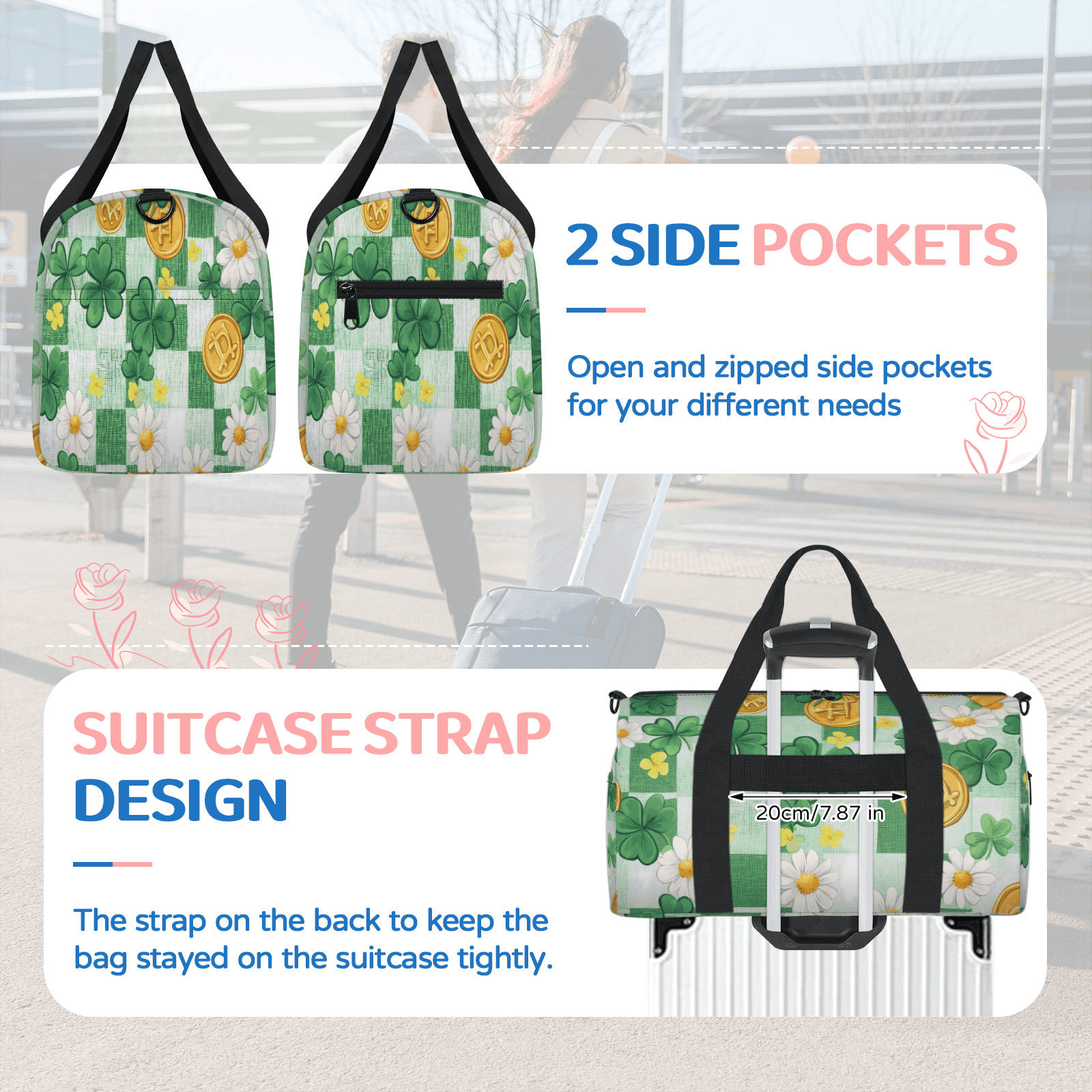 Herdesigns St. Patrick's Day Shamrock Gym Bag for Women, Duffle Bag for Travel Sport, Lightweight Waterproof Carry on Weekender Overnight Dance Yoga Workout Bags