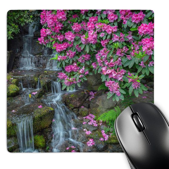 3dRose, Oregon, Portland, Rhododendron blooms alongside waterfall and ferns., MousePad