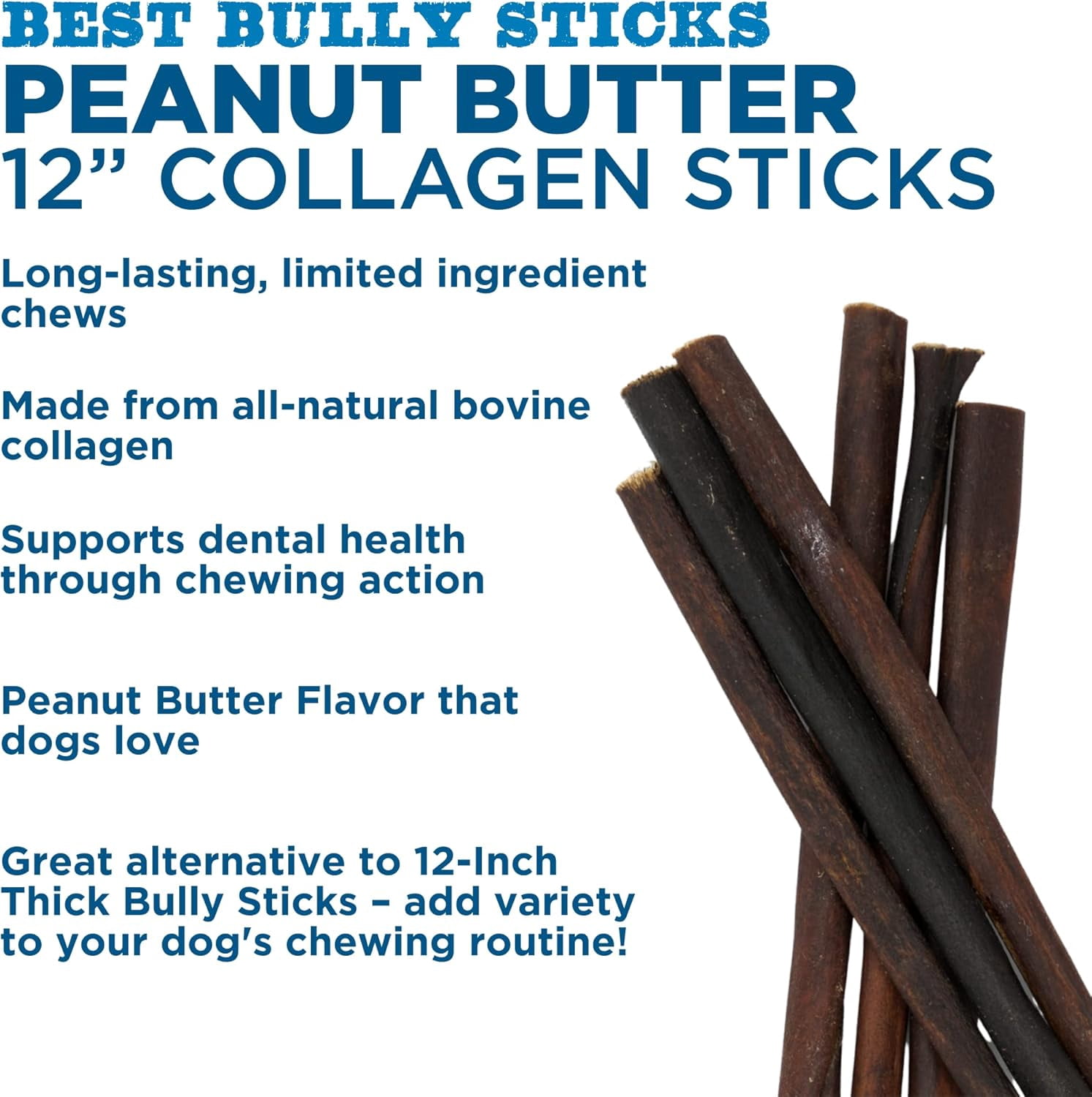 Best Bully Sticks Peanut Butter Flavored Natural Collagen Chew Sticks for Dogs, 12 Inch 6 Count Bag Long Lasting Natural Chew Treat for Large Dogs