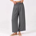 thumbnail image 4 of Delayuji Women's Casual Pants Solid Color Cropped Pants High Waisted Straight Leg Pants Wrinkled Style Elastic Beach Pants Spring Summer, 4 of 7