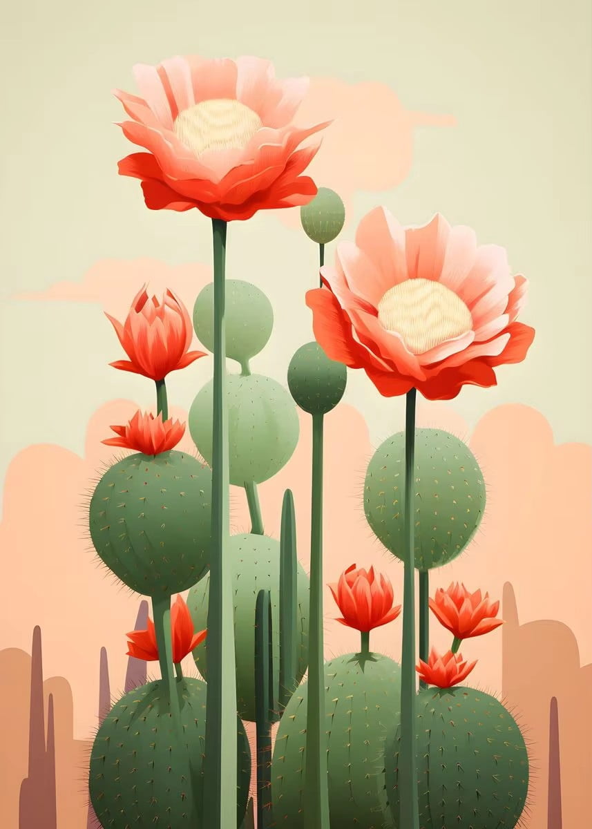 Affiche Vintage de Cactus Mexicain Floral Lune Esthétique Peinture sur Toile Imprimés Œuvre d'Art Colorée art Mural Image Décoration Maison 50 x 70 cm Sans Cadre, SKU-16