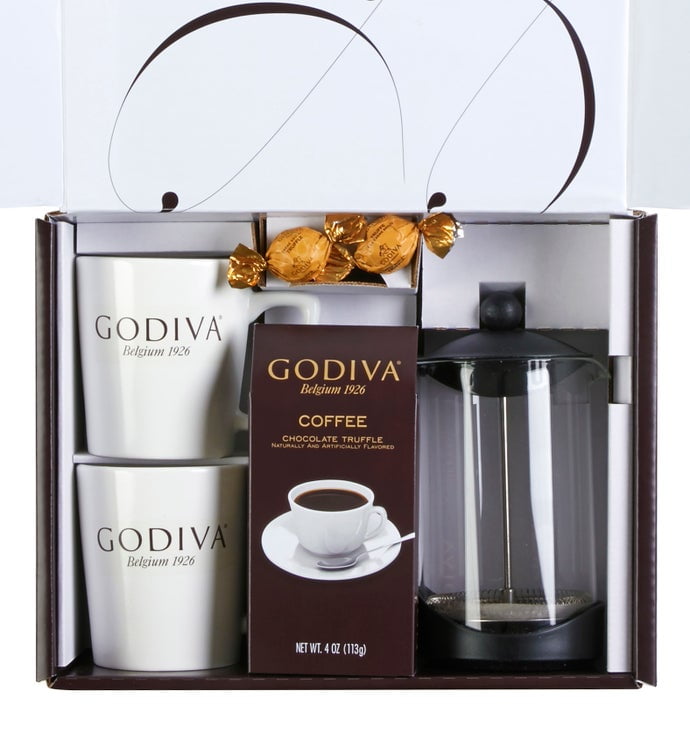 Godiva Coffee French Press Gift Set, includes two 14 oz Mugs, and 34oz