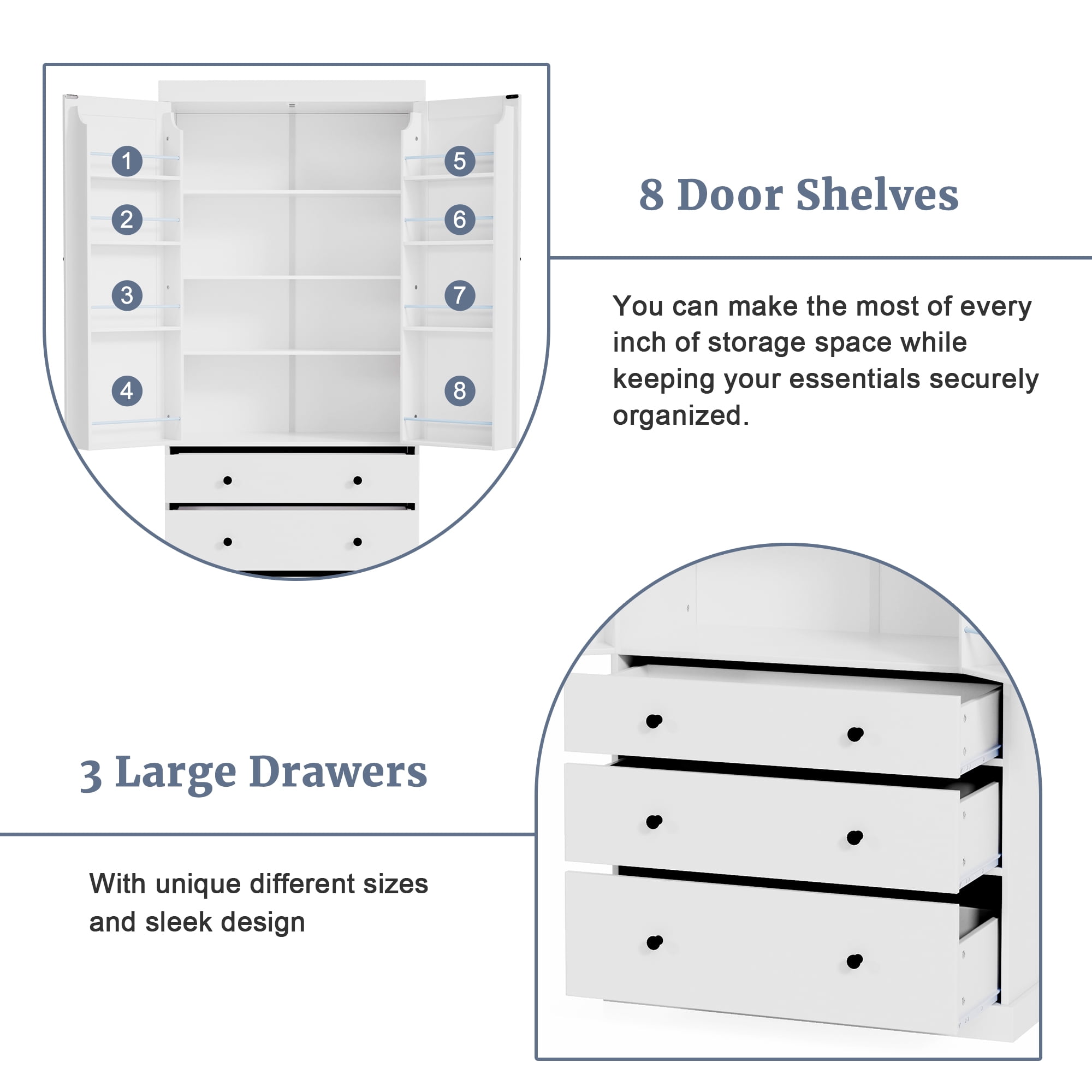 Euroco Spacious Kitchen Pantry with Adjustable Shelves, 8 Door Shelves, 3 Large Slide-Out Drawers, and Anti-Tipping Devices – Durable MDF Construction, Easy Assembly