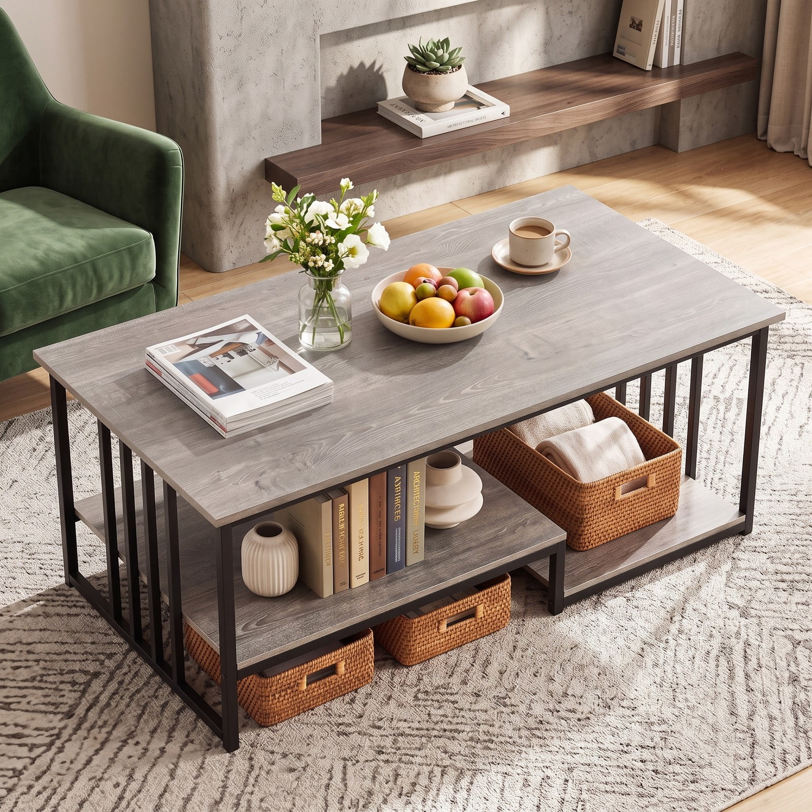 Furnibear 43.5" 2-Tier Coffee Table with Open Storage Shelf, Modern Rustic Wood and Metal Frame Center Table for Living Room, Rectangular Farmhouse, Oak and Black