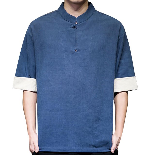 Camisas Negras Para Hombre Camiseta de manga corta de lino y algodón con cuello Retro para hombre, ropa Tang, placa con hebilla, camiseta informal de lino y algodón transpirable Hanfu para (Blue, L)