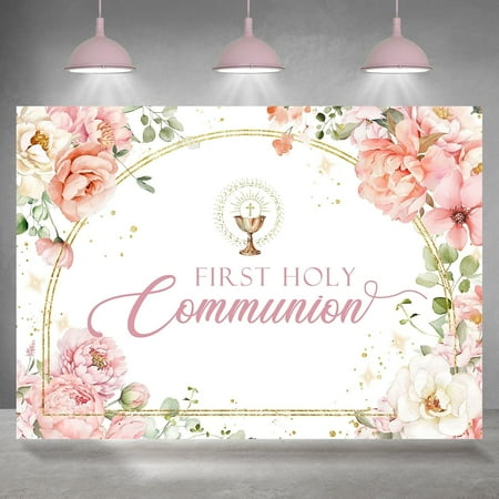 7x5FT First Holy Communion Backdrop God Bless Pink Floral Leaves Photography Background Baptism Party Decoration Supplies Favors Cake Table Banner Photo Booth Studio Props