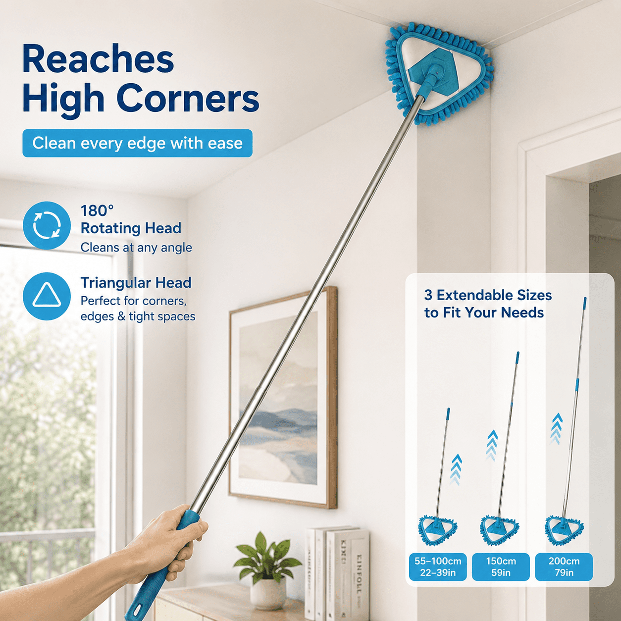 Wall Cleaner Mop with Long Handle 39 Inches, 3-in-1 Ceiling Cleaning Tool Duster with Replacement Microfiber Chenille Pads for Painted Walls, Baseboard, Window, Floor