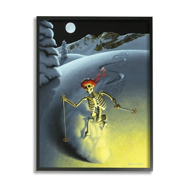 Nighttime Moon Skiing Skeleton Winter Snow Slope Landscape Painting Framed Art Print Wall Art