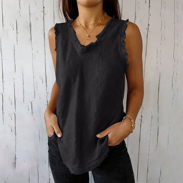 RKSTN Womens Summer Tops Sleeveless Cotton Linen Tank Top Plus Size Solid Color Crew Neck Ripped Edges Weekend Shopping Simple Versatile Tops