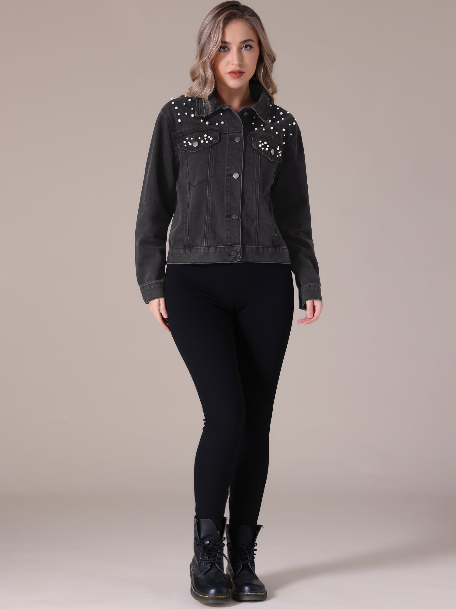 Unique Bargains Women's Jean Jacket Long Sleeve Button Up Denim Jackets L Black