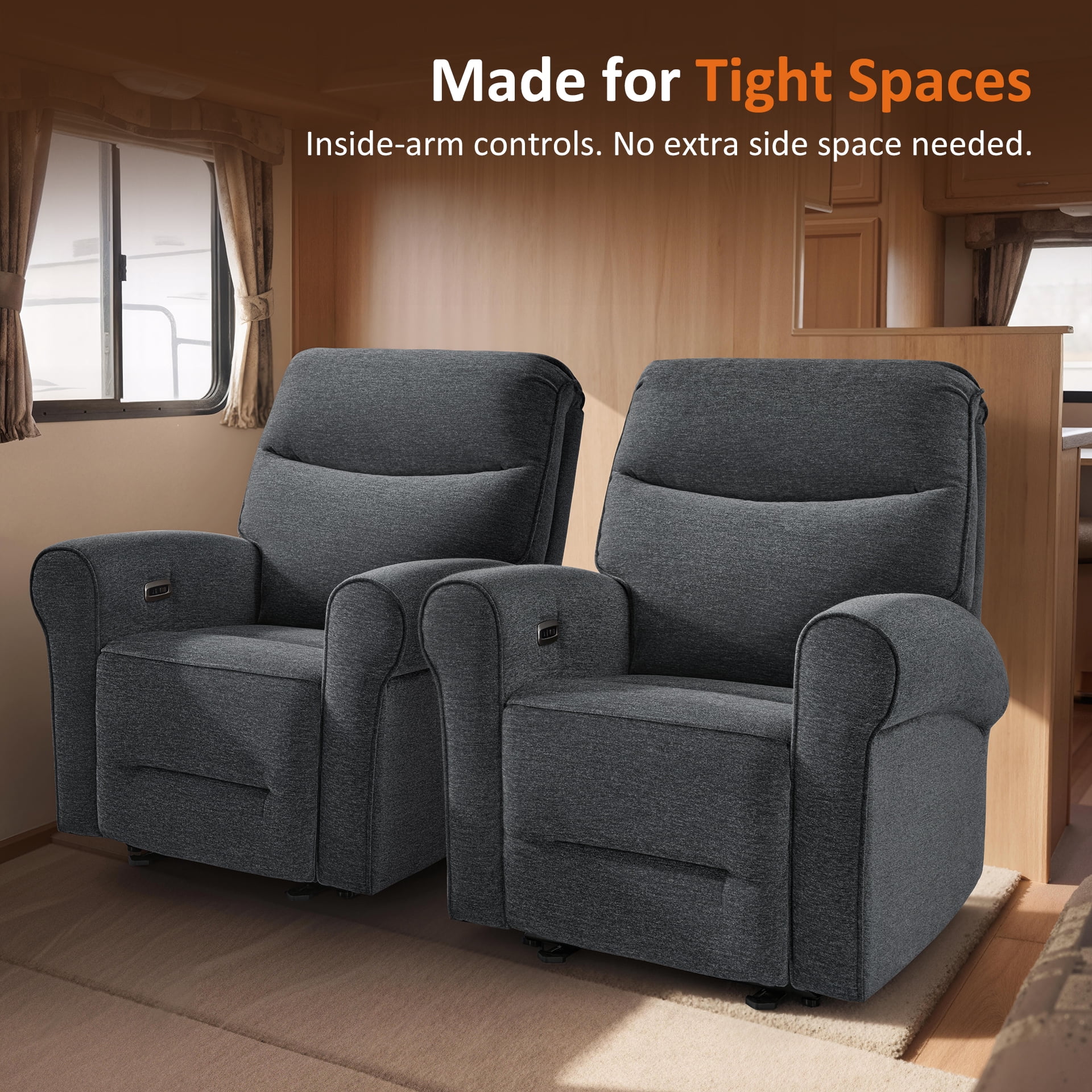 MCombo Small Wall Hugger Power Recliner Chair for Small Space RV Living Room, , Modern Roll Arm Recliner, Fabric, Dark Grey