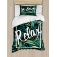 thumbnail image 1 of Relax Duvet Cover Set Twin Size, Tropical Hawaiian Composition with Fern Leaves with Relax Words Exotic, Decorative 2 Piece Bedding Set with 1 Pillow Sham, Dark Green and White, by Ambesonne, 1 of 3