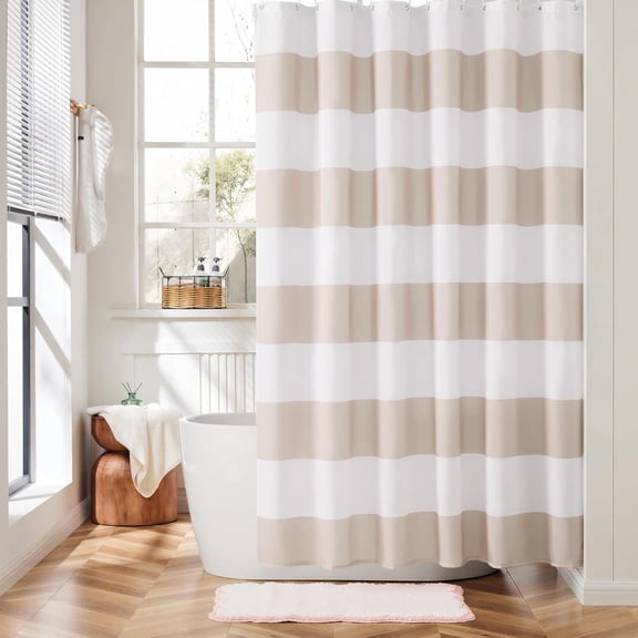 Striped Shower Curtain, Beige and White Modern Shower Curtains for Bathroom, Cute Retro Vintage Stripes Rustic Farmhouse Bathroom Shower Curtain, Waterproof Polyester Fabric Shower Curtain