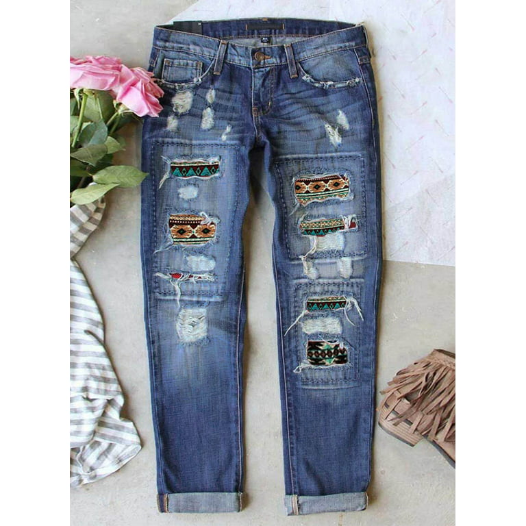 FARYSAYS Women's Blue Stretch Mom Jeans Ripped Jeggings Trendy Denim  Jeggings Patchwork Denim Pants Ladies Jeans, S-XXL 