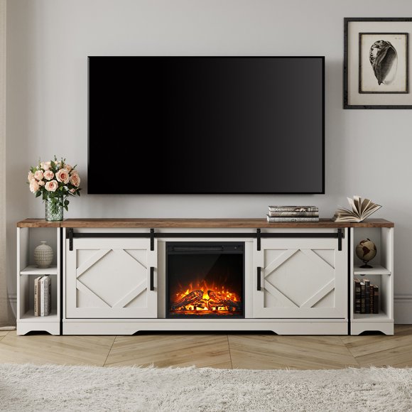 WAMPAT Farmhouse Fireplace TV Stand, Modern Barn Door Design, Wood Media Console, 100 Inch TV Storage Cabinet, Living Room Entertainment Center, White