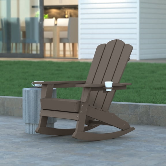 Emma Oliver Adirondack Rocking Chair with Cup Holder, Weather Resistant HDPE Adirondack Rocking Chair in Brown