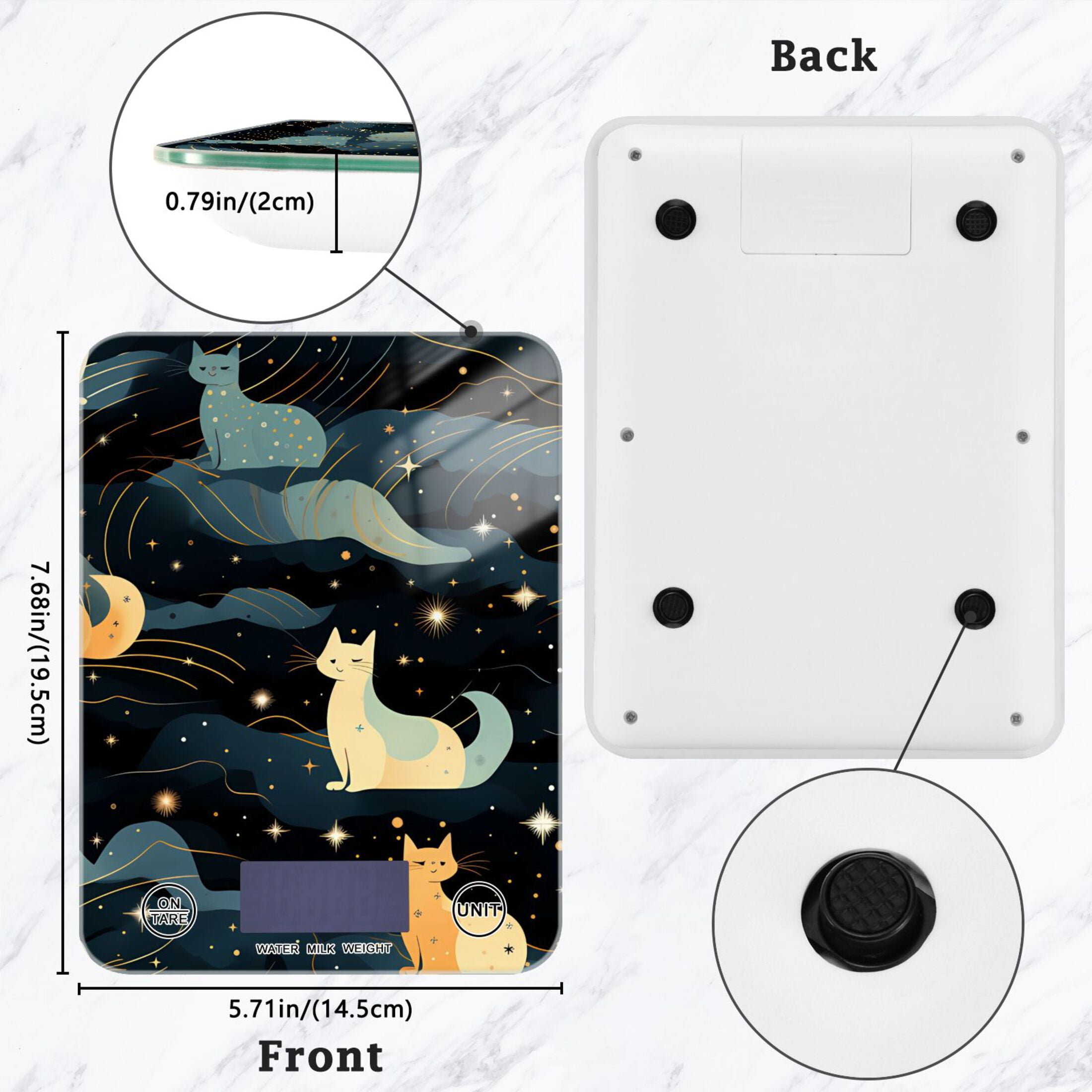 Cats Clouds Stars Food Scale Digital Kitchen Scale Waterproof Tempered Glass Tare Function 11 lb for Baking Cooking Meal Prep