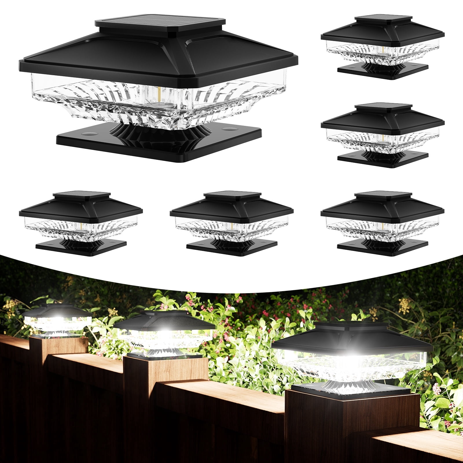 BITPOTT 6 Pack Solar Post Cap Deck Lights Modern Waterproof IP65 Cool White LED Rust Resistant Black for 4x4 5x5 6x6 Posts