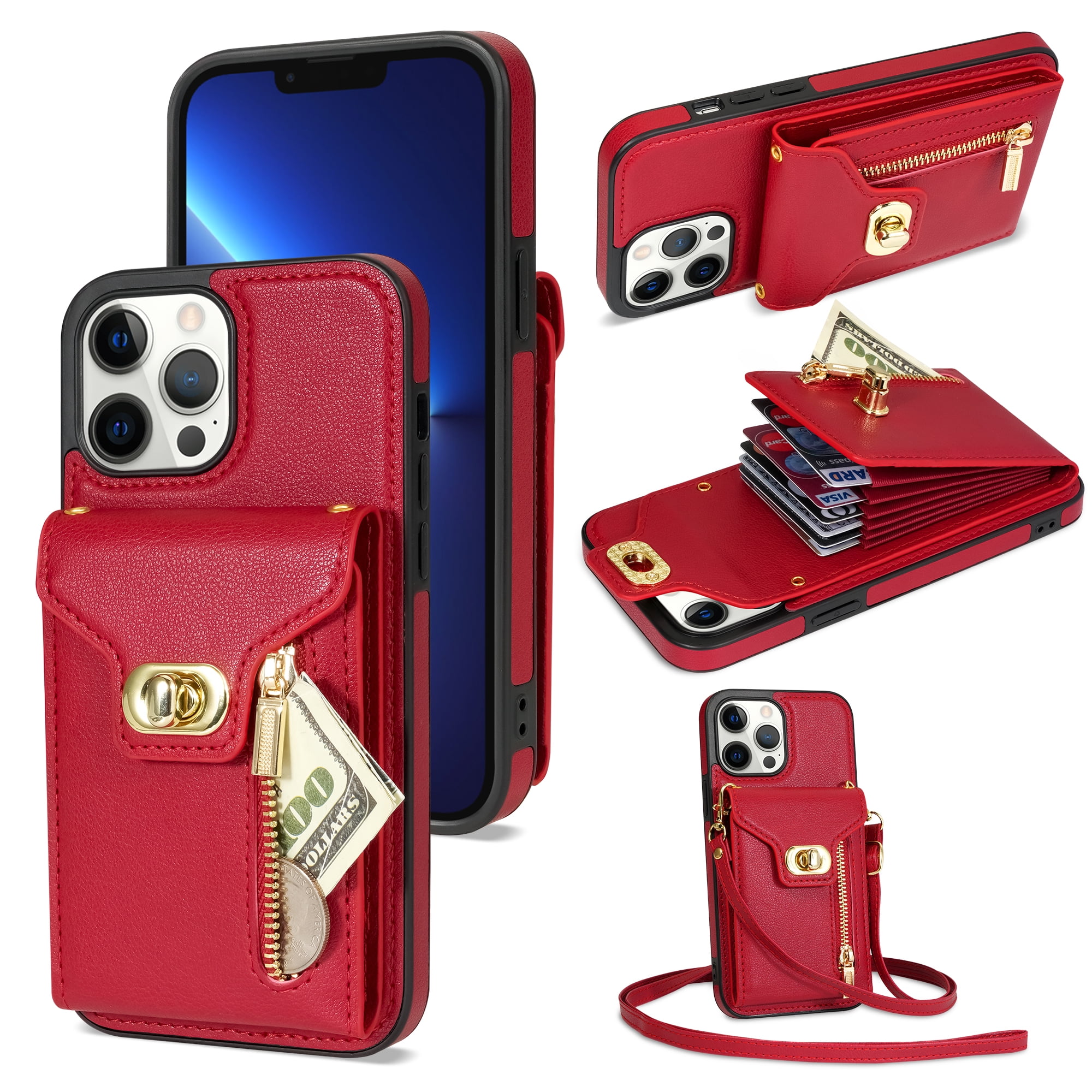 TECH CIRCLE Multifunctional Phone Case for iPhone 12 Pro Max Cell Phone -  [Built-in Wallet] Protective Portable Leather Cover Shell with Adjustable  Shoulder Strap, Red - Walmart.com