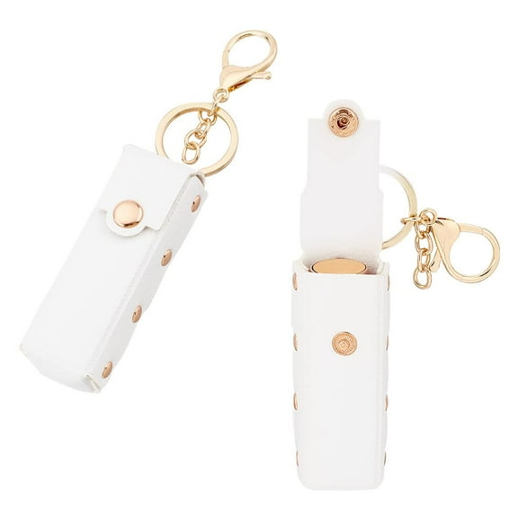 2pcs Chapstick Keychain Holder 6 Inch PU Leather Lipstick Organizer Holder with Keychain Mini Lip Gloss Travel Storage Case Portable Snap-On Lip Balm Sleeves for Women Gift White 2pcs