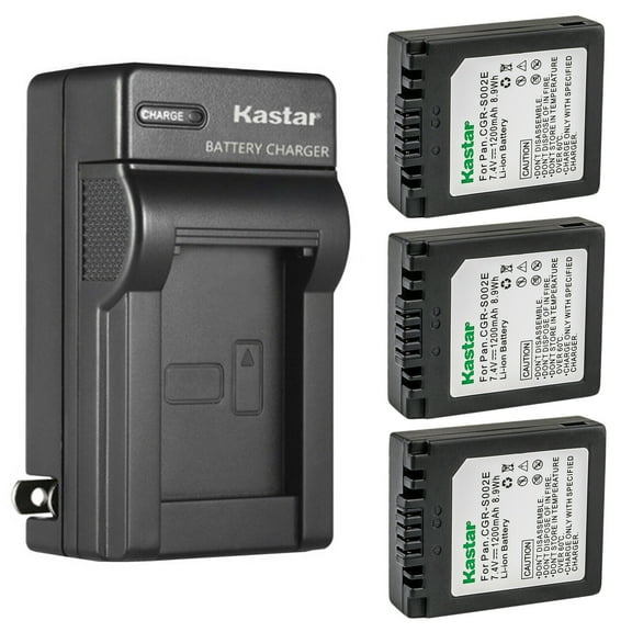 Kastar 3-Pack CGA-S002 Battery and AC Wall Charger Replacement for Panasonic CGR-S002, CGR-S002A, CGR-S002E, DMW-BM7 Battery, Panasonic DE-994, DE-994A, DE-A44 Charger