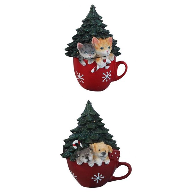 yuksok 2pcs LED Christmas Luminous Statue Sculpture Xmas Home Decor featuring two resin figurines. Each figurine depicts a festive scene with a red mug adorned with white snowflake patterns, a green Christmas tree, and small animals peeking out. One figurine shows two kittens, while the other features three puppies. Built-in LED lights enhance the festive atmosphere. Made of durable resin, these multicolour decorations are suitable for indoor or outdoor use, such as on shelves, tables, or desktops. Ideal for Christmas, birthdays, or as a thoughtful gift.