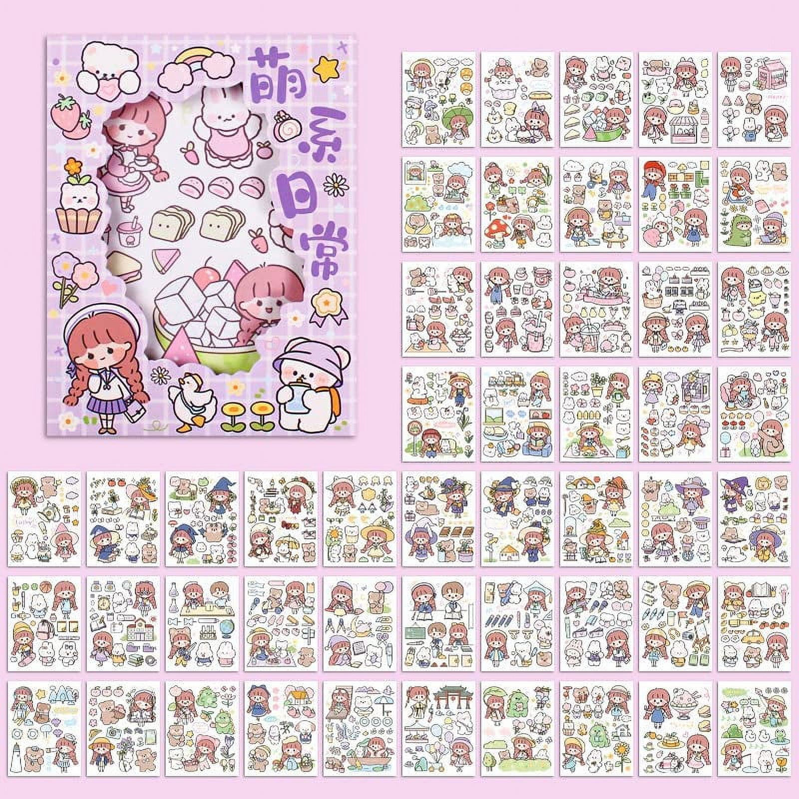 Danceemangoos 50 Sheets Kawaii Washi Stickers, Cute Cartoon Printed Adhesive Label Decorative Sticker for Scrapbooking Diary Journaling Planner DIY
