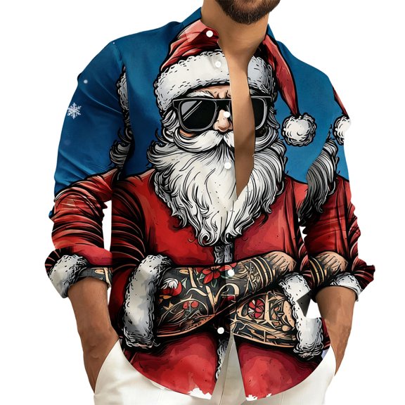 Atogsazn Men's Santa Graphic Shirts Christmas Button Down Long Sleeve Shirt Lightweight Outerwear Tops Blouse Blue S Fashion