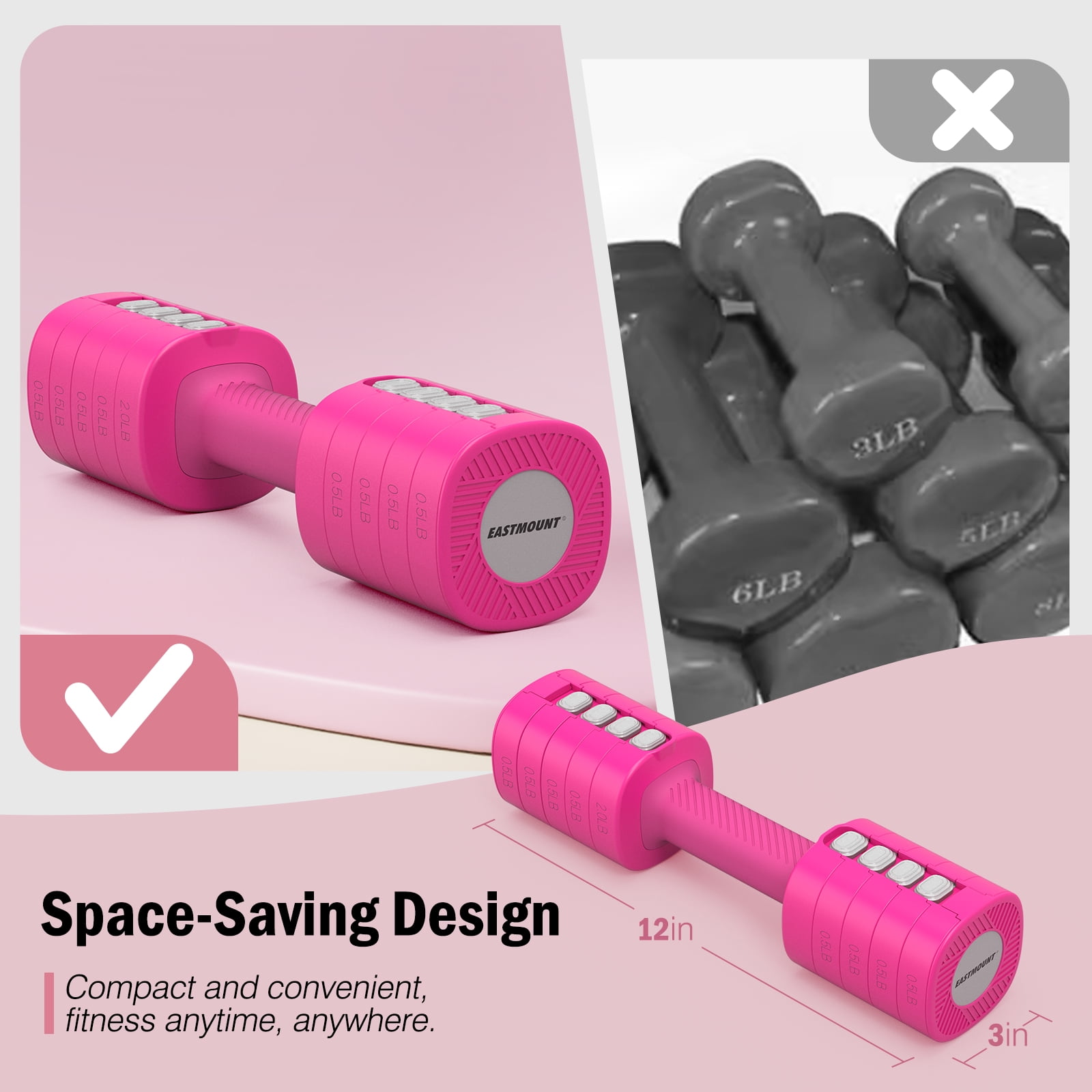 EAST MOUNT Adjustable Dumbbells Set of 2 - Women Hand Weights 2lb/3lb/4lb/5lb/6lb Weight Set 12 lbs/Pair Hand Weights for Home Office Gym Workout