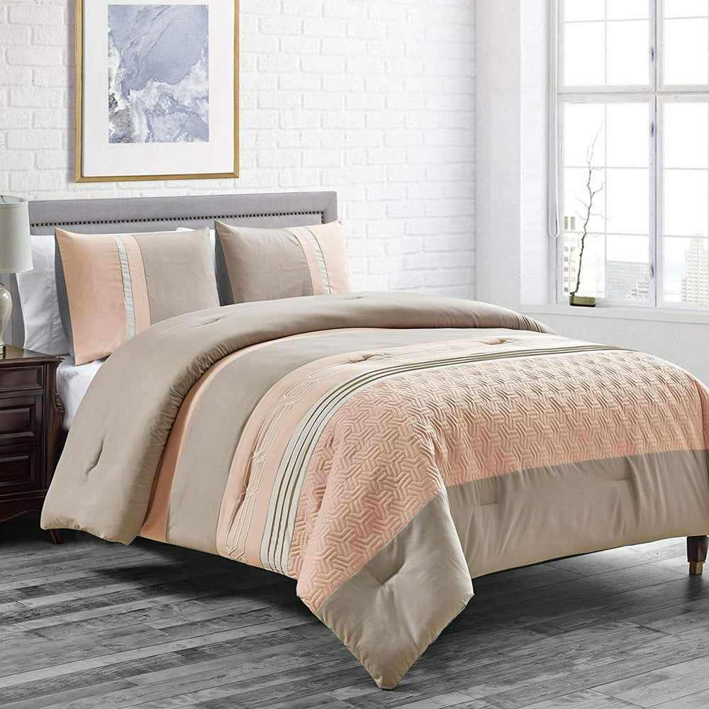Peach/Taupe Goose Down Alternative Comforter Set Queen Size Bedding