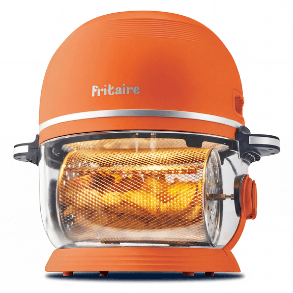 Fritaire Self-Cleaning Glass Bowl Air Fryer, 5 Qt, 6 Functions, BPA Free, Rotisserie/Tumbler, Orange