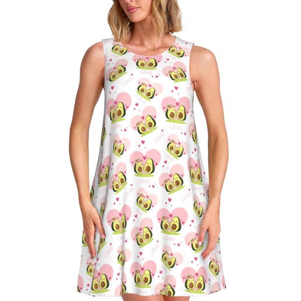 Easygdp Avocado Lovers para Vestido Transpirable de Mujer, Vestido Suelto de Manga Corta con Pliegues y Bolsillos para el Verano