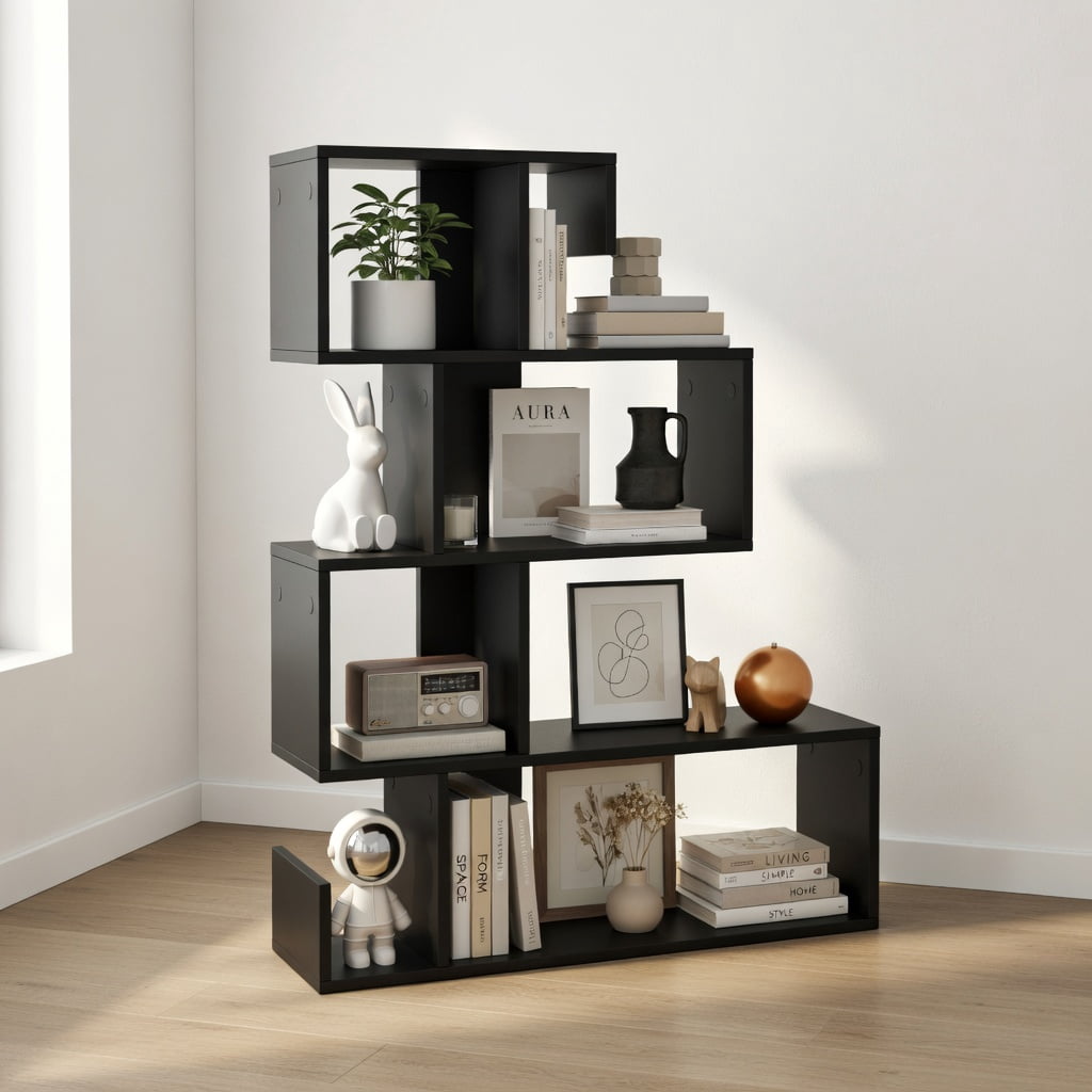 Demi Bonn 5-Tier S-Shaped Bookshelf Geometric Z-Shelf Bookcase with Open Cubes, Black