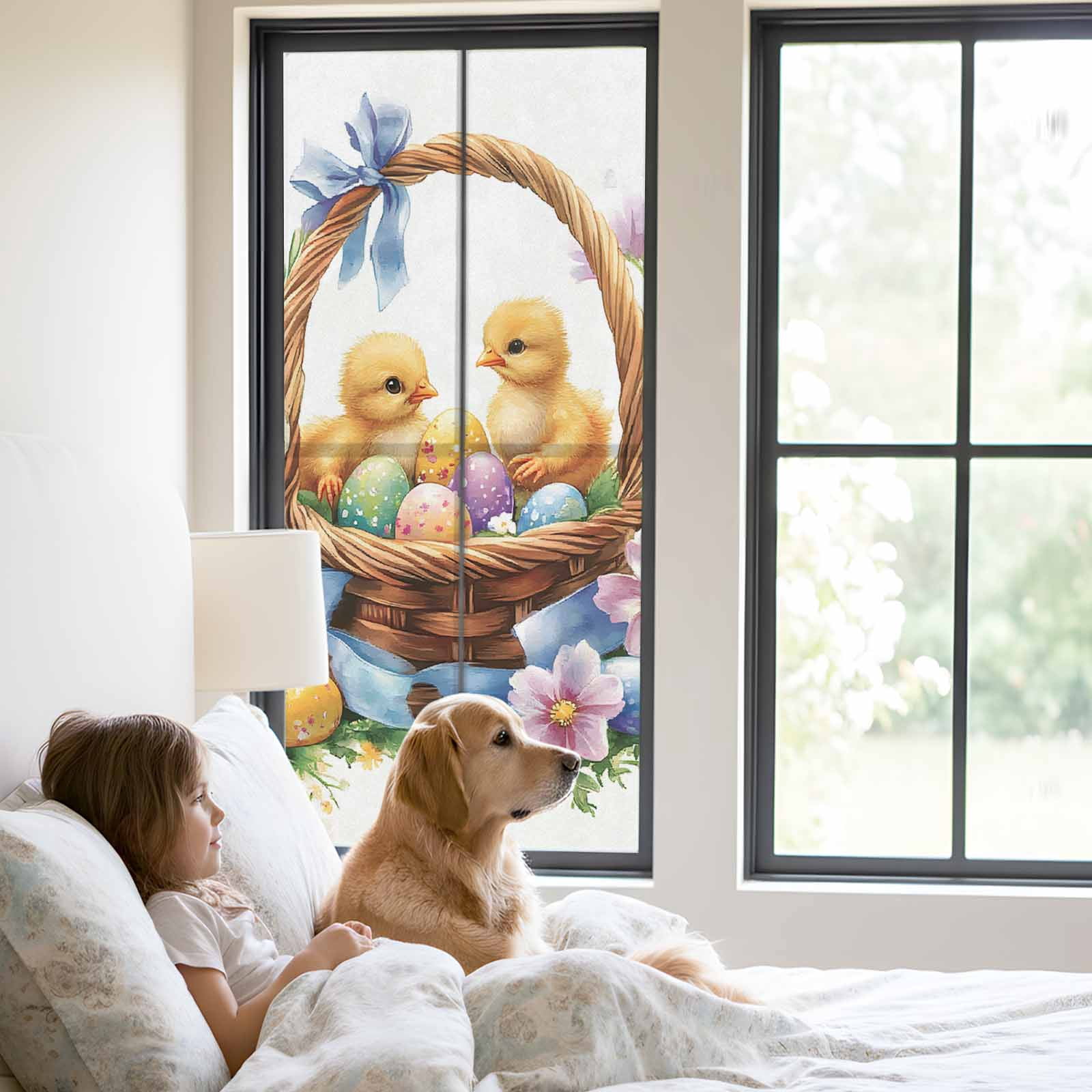 Easter Basket Chick Window Privacy Film, Watercolor Yellow Green Eggs Spring Purple Floral Leaf Frosted Glass Window Clings Static Cling UV Heat Blocking Reusable Sticker for Bedroom 23.6x59 Inch