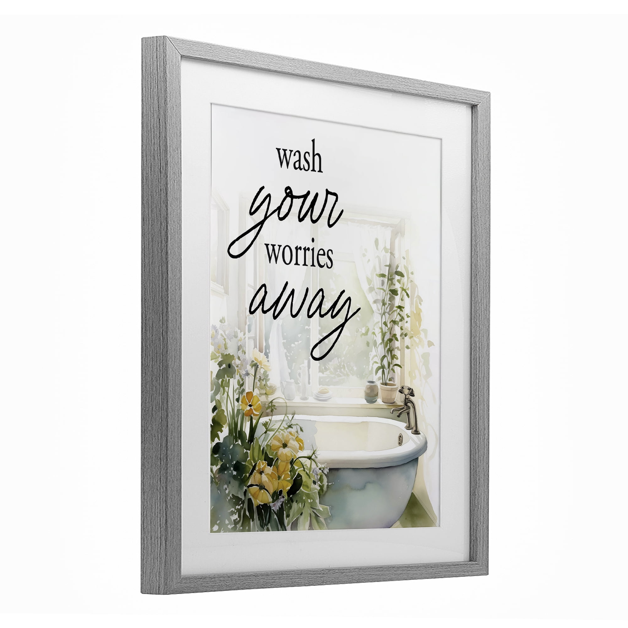 Wash Worries Away Sunlit Bath Gray Framed Print Under Glass, design by Lettered and Lined