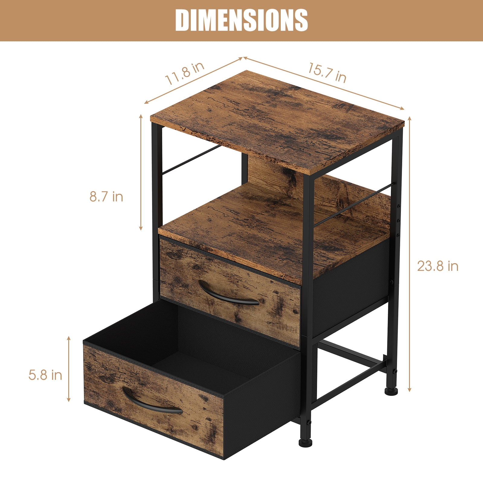 Oumilen Adult Nightstand for Bedroom End Side Table with 2 Drawers and Open Shelf Wood, Brown Set of 2