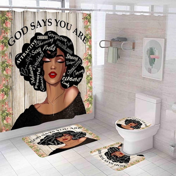 Black Queen Shower Curtain Sets with Rugs,Toilet lid Cover,Bath Mat and 12 Hooks,African American Girl Bathroom Decor Sets,Afro Woman Shower Curtains with Accessories