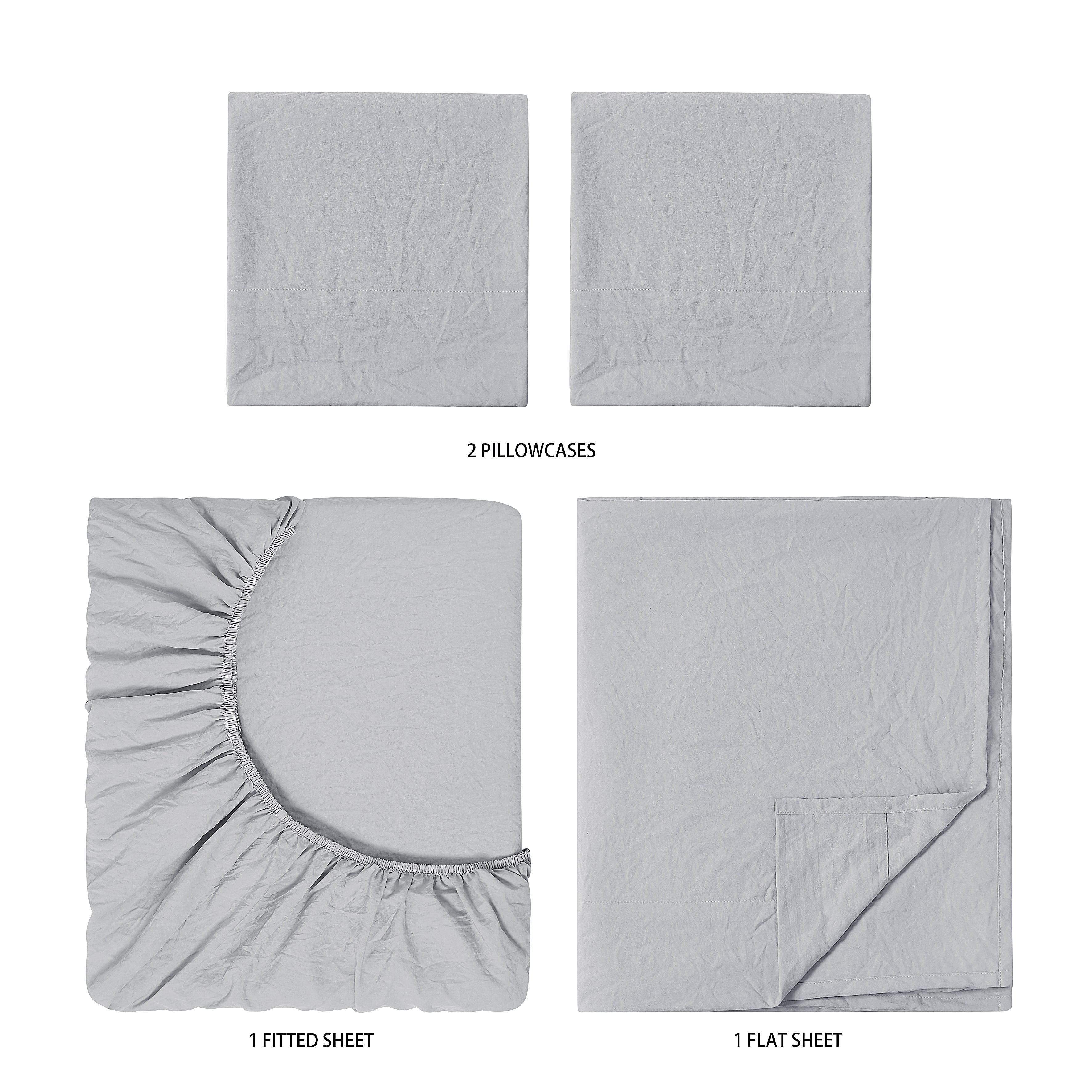 Mainstays Washed Ultra Soft Microfiber Bed Sheet Set, Queen, Soft Silver, 4 Piece