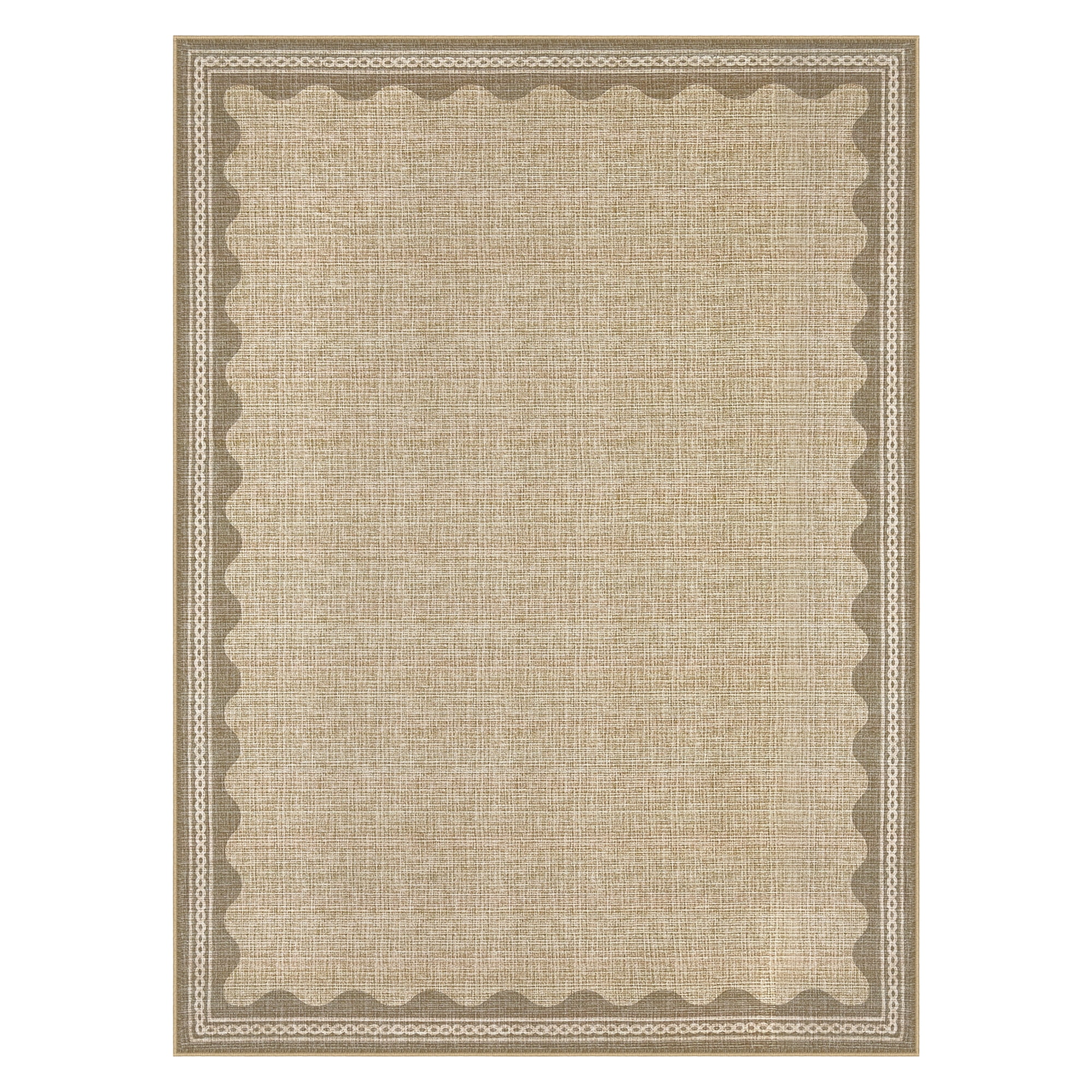 GlowSol 3'x5' Scalloped Border Pattern Rug Small Area Rug Soft Solid Area Rug Non Slip Low Pile Mat for Entryway Bedside, Jute Color