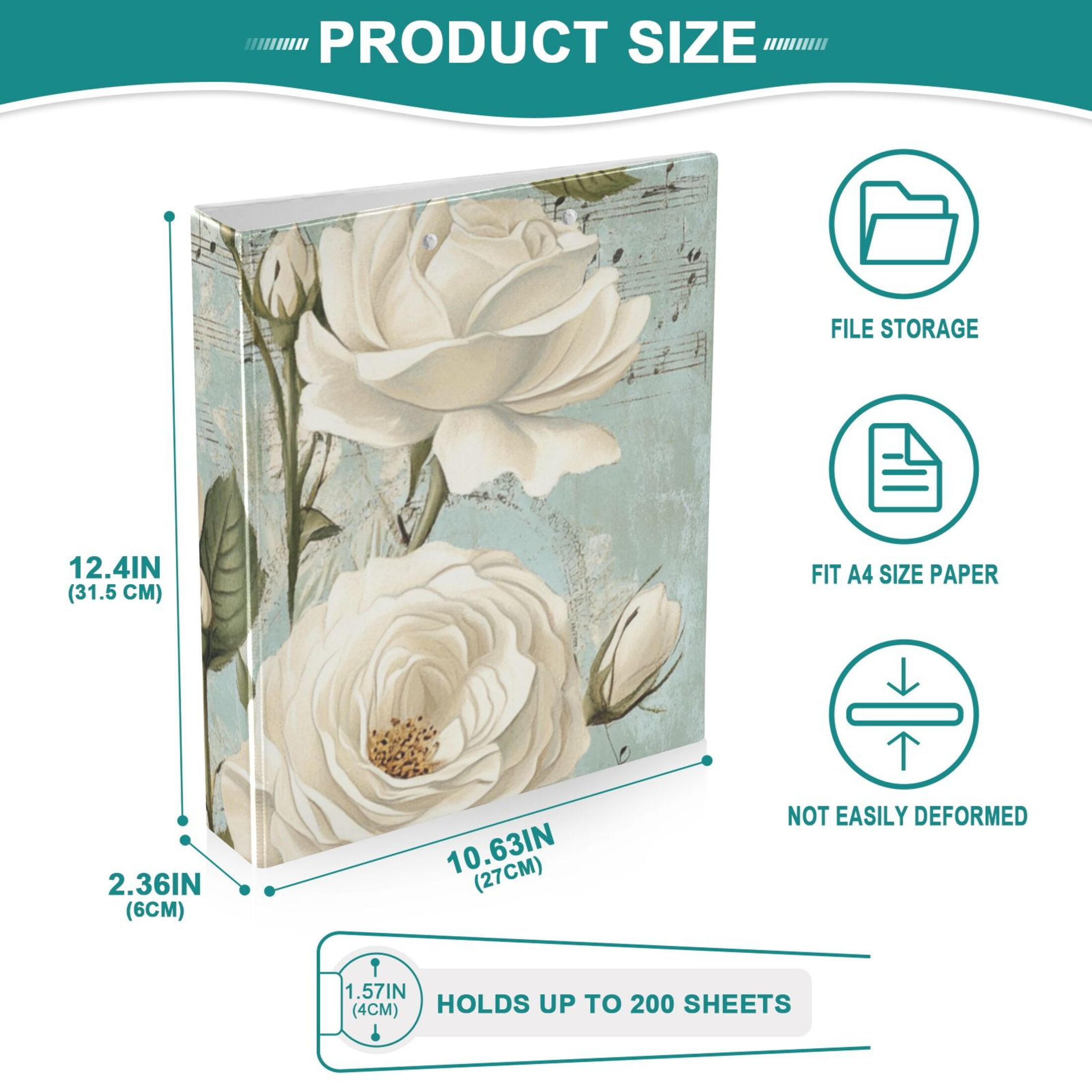 Rose Music Notes 3 Ring Binders 1.5 inch Hardcover File Folders with Interior Pockets A4 Size Organizer for School Office Hospital