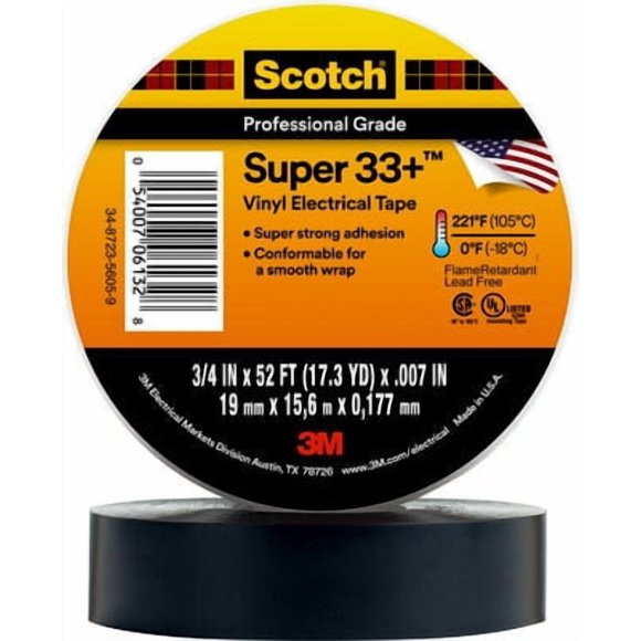 3M Electrical Tape 06133 Scotch Super33; For Creating Waterproof; Roll; 3/4 inch X 52 Foot; Black