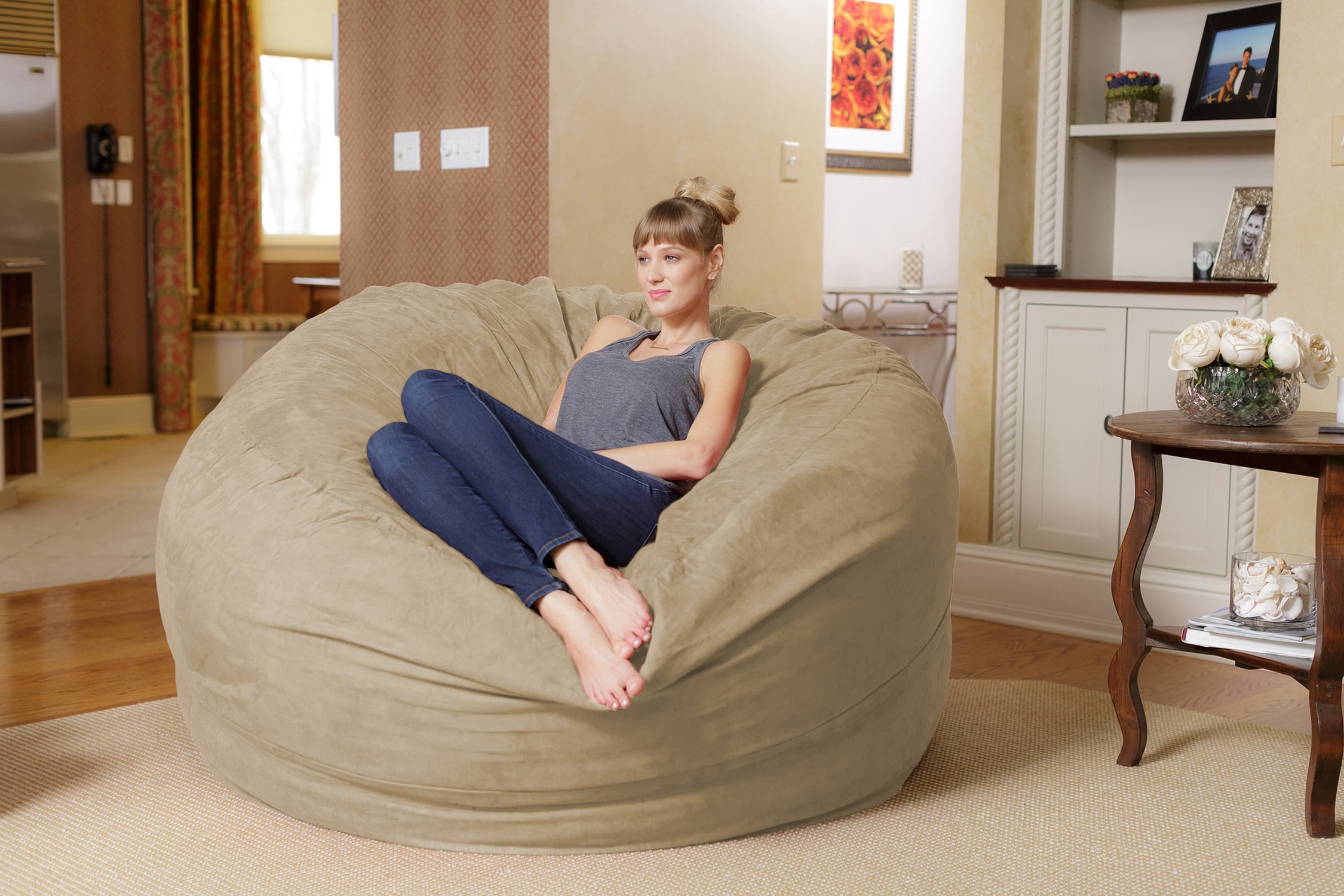 Chill Sack Bean Bag Chair, Memory Foam with Microsuede Cover, Kids, Adults, 6 ft, Camel