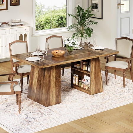 71 Inch Farmhouse Rectangular Wooden Dining Table with Lower Open Storage Shelf Robust Dinner Table Accommodates 4-8 People Rustic Farm Style Furniture for Dining Room & Living Room Table Only