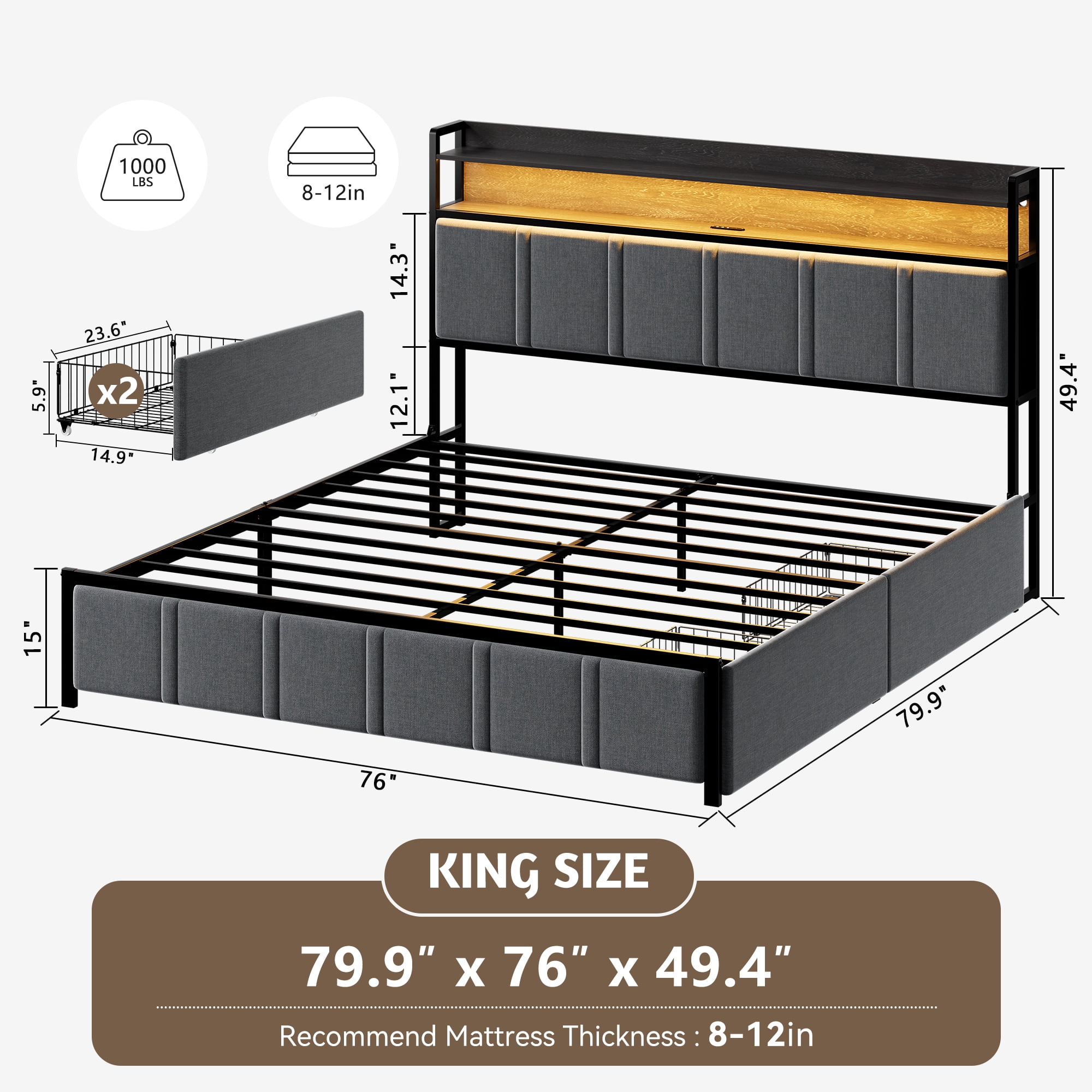 GUNAITO King Bed Frame with Storage Headboard, 2 Drawers Platform Upholstered LED Bed Frame with USB Ports & Outlets Gray