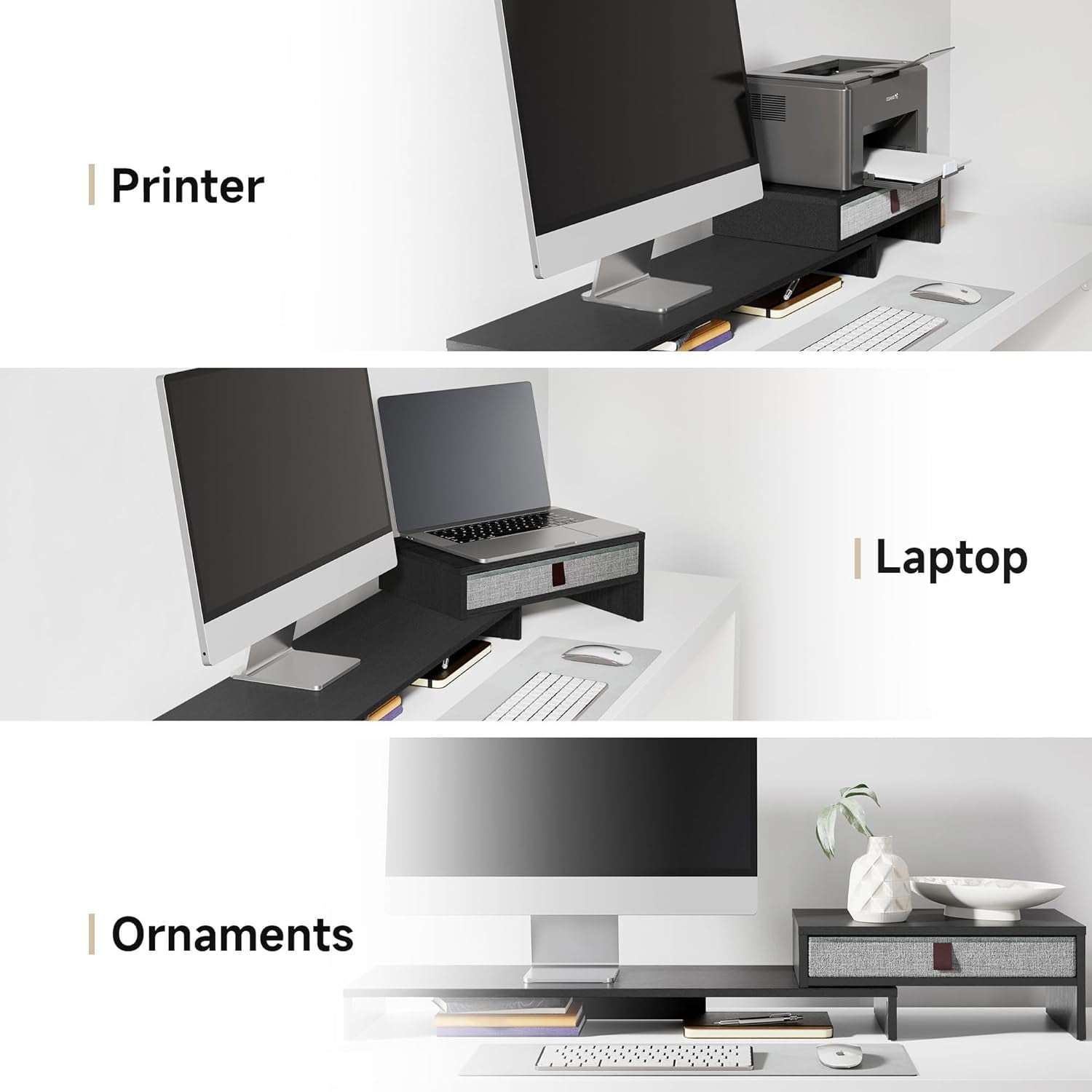 Adjustable Computer Monitor Riser Stand with Drawer for 2-3 Monitors, Ergonomic Height & Length Desktop Organizer for Office, Black