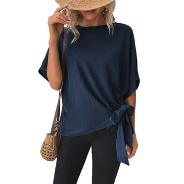 Slatcetga Women Summer Top Knotted Hem Back Pleated Midline Keyhole Back Half Sleeves Round Neck Summer Shirt Top Navy Blue S