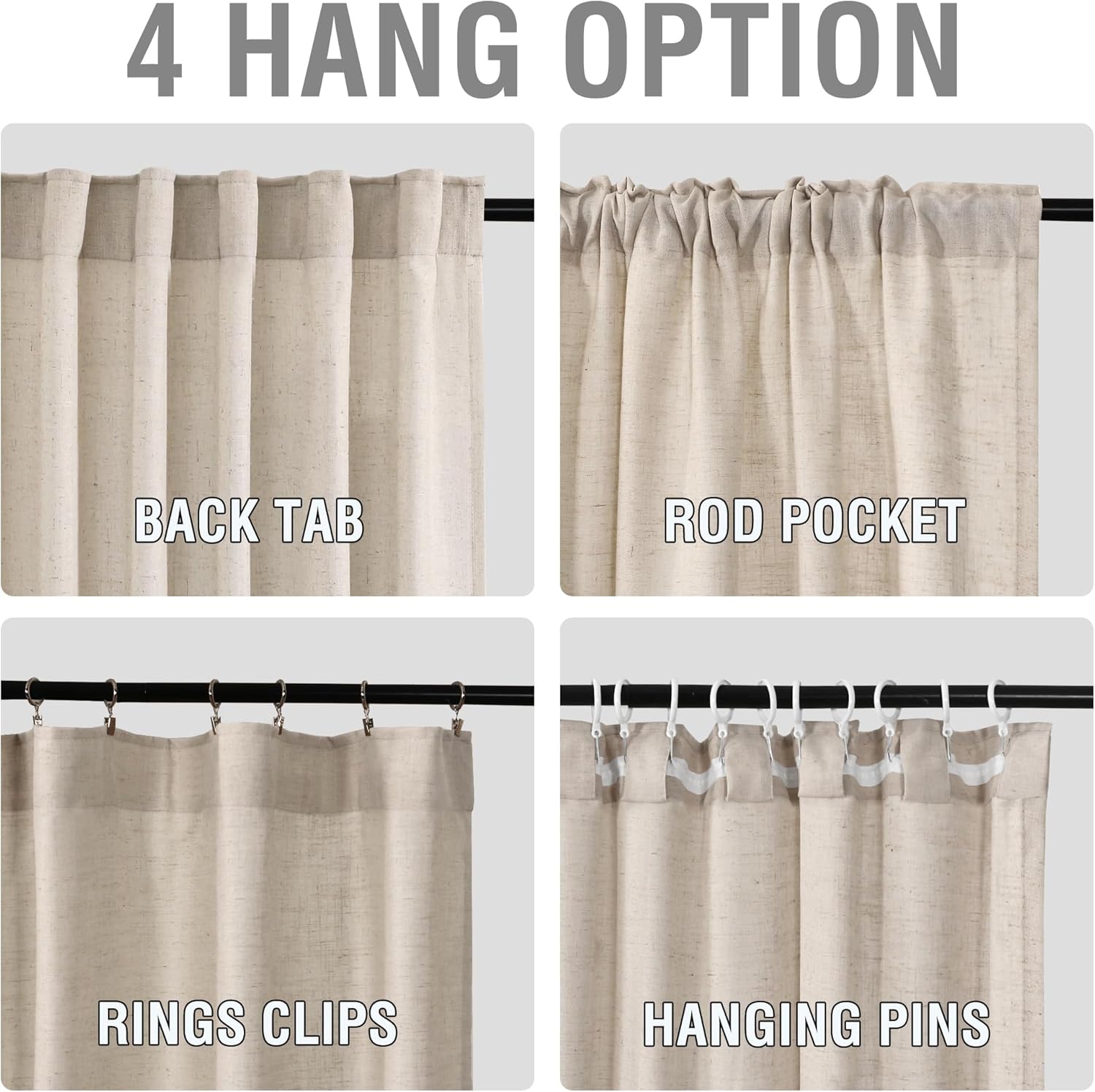 Linen Curtains 96 Inch Length 2 Panels Set, Semi Sheer Light Filtering Curtain Rod Pocket Back Tab, Pinch Pleated Farmhouse Drapes for Living Room, 52x96 Natural White with Brownish Linen