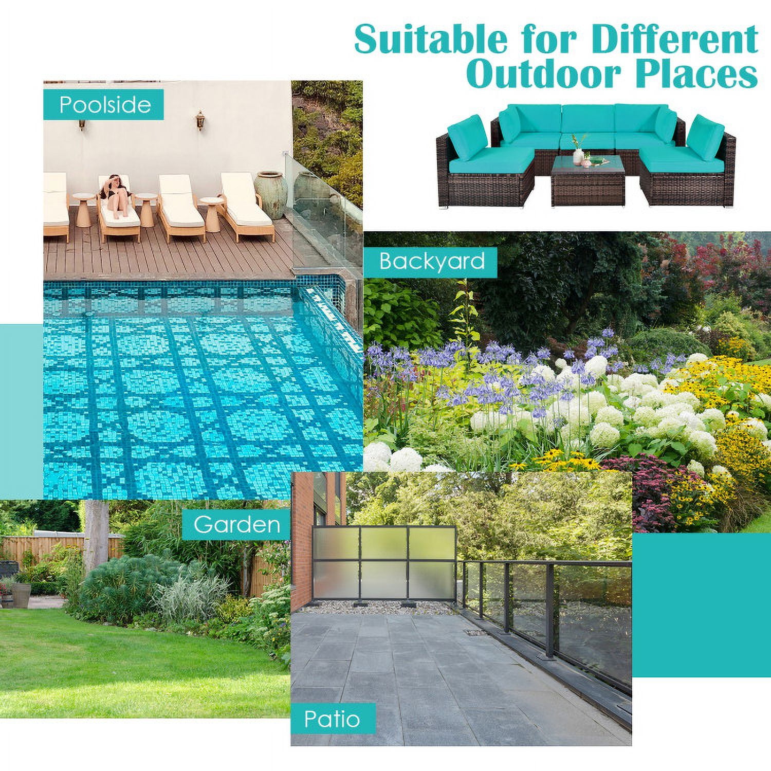 Aimee Lii 6 Pieces Patio Rattan Sectional Furniture Set with Cushions and Coffee Table, Outdoor Deck Furniture, Turquoise